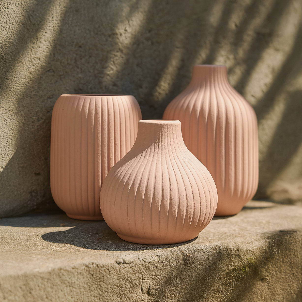 blush vase set, ribbed ceramic vases, pink ceramic vases, blush tone vases, home decor vases, 3 piece vase set, shelf styling vases, modern ceramic vases, console decor, Dayesy vases
