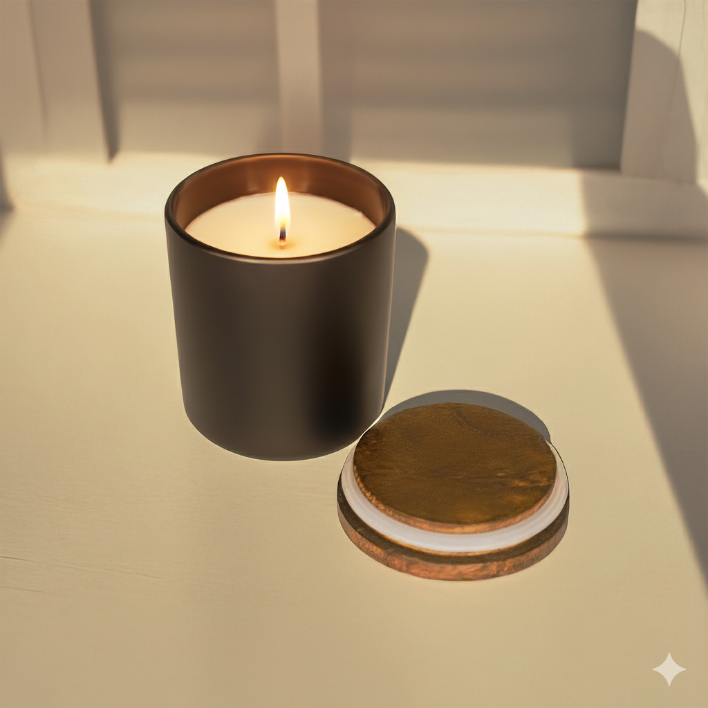 Black Glass Candle with Wooden Lid